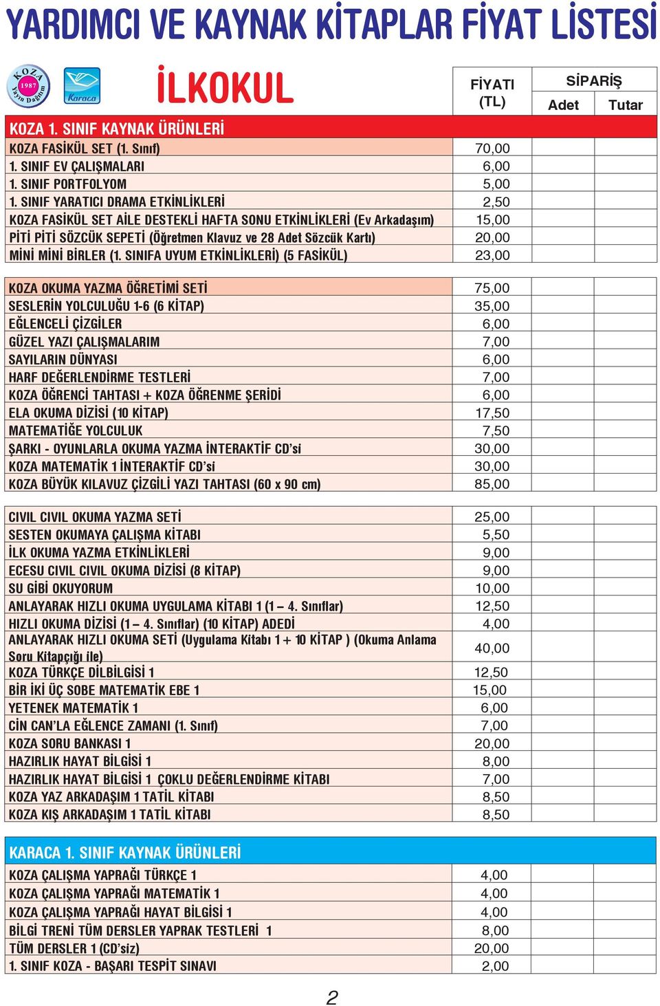 (1. SINIFA UYUM ETKİNLİKLERİ) (5 FASİKÜL) 23,00 KOZA OKUMA YAZMA ÖĞRETİMİ SETİ 75,00 SESLERİN YOLCULUĞU 1-6 (6 KİTAP) 35,00 EĞLENCELİ ÇİZGİLER 6,00 GÜZEL YAZI ÇALIŞMALARIM 7,00 SAYILARIN DÜNYASI 6,00