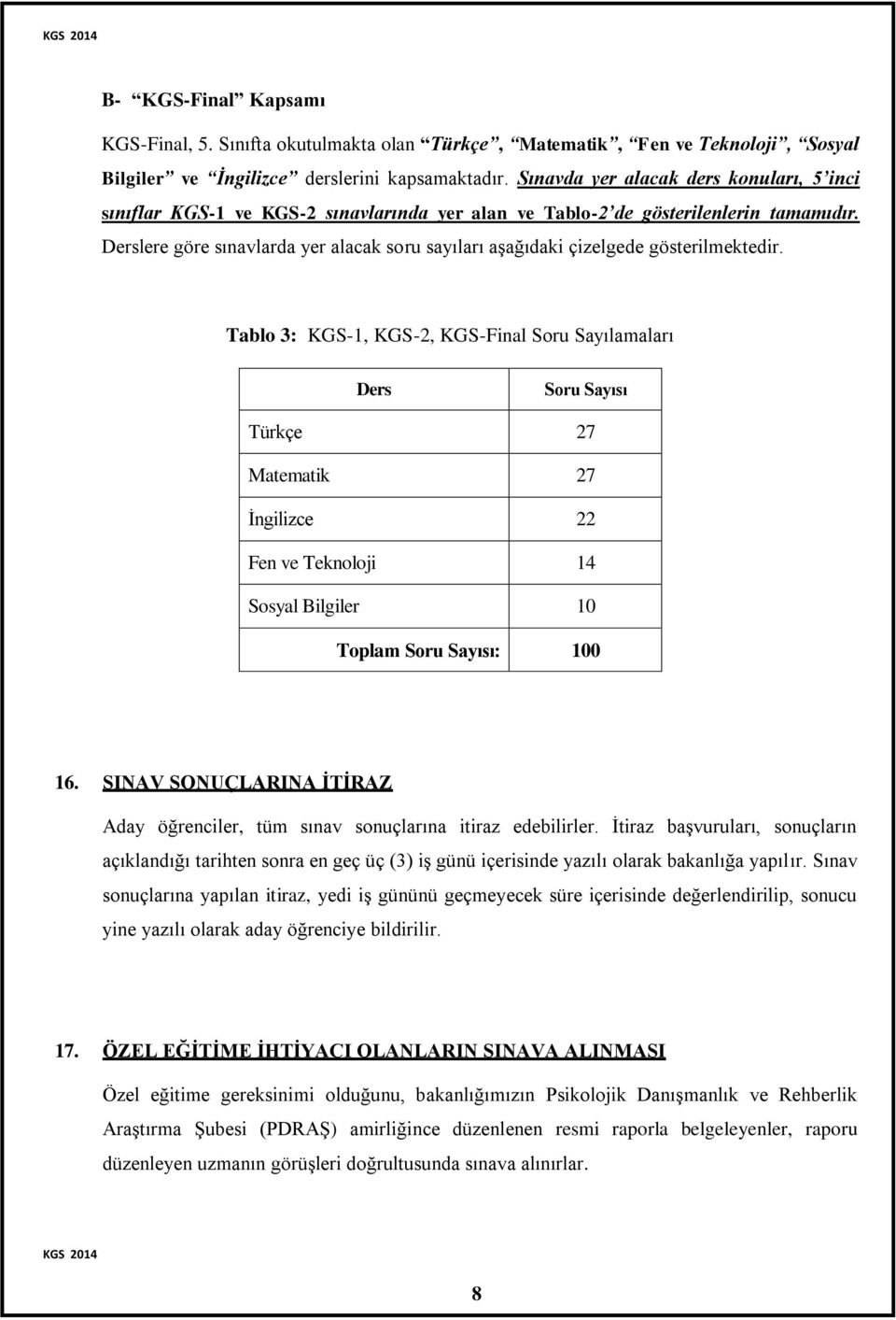 Derslere göre sınavlarda yer alacak soru sayıları aşağıdaki çizelgede gösterilmektedir.