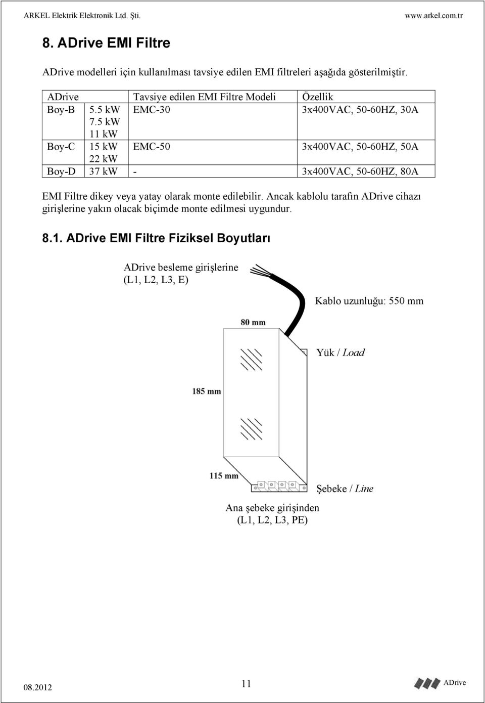 5 kw 11 kw Boy-C 15 kw EMC-50 3x400VAC, 50-60HZ, 50A 22 kw Boy-D 37 kw - 3x400VAC, 50-60HZ, 80A EMI Filtre dikey veya yatay olarak monte