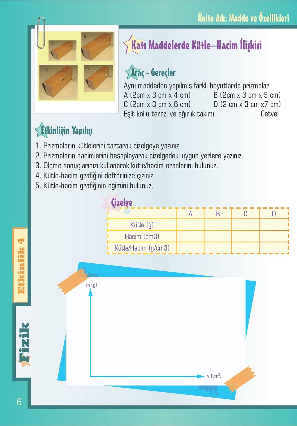 Prizmaların kütlelerini tartarak çizelgeye yazınız. 2. Prizmaların hacimlerini hesaplayarak çizelgedeki uygun yerlere yazınız. 3.