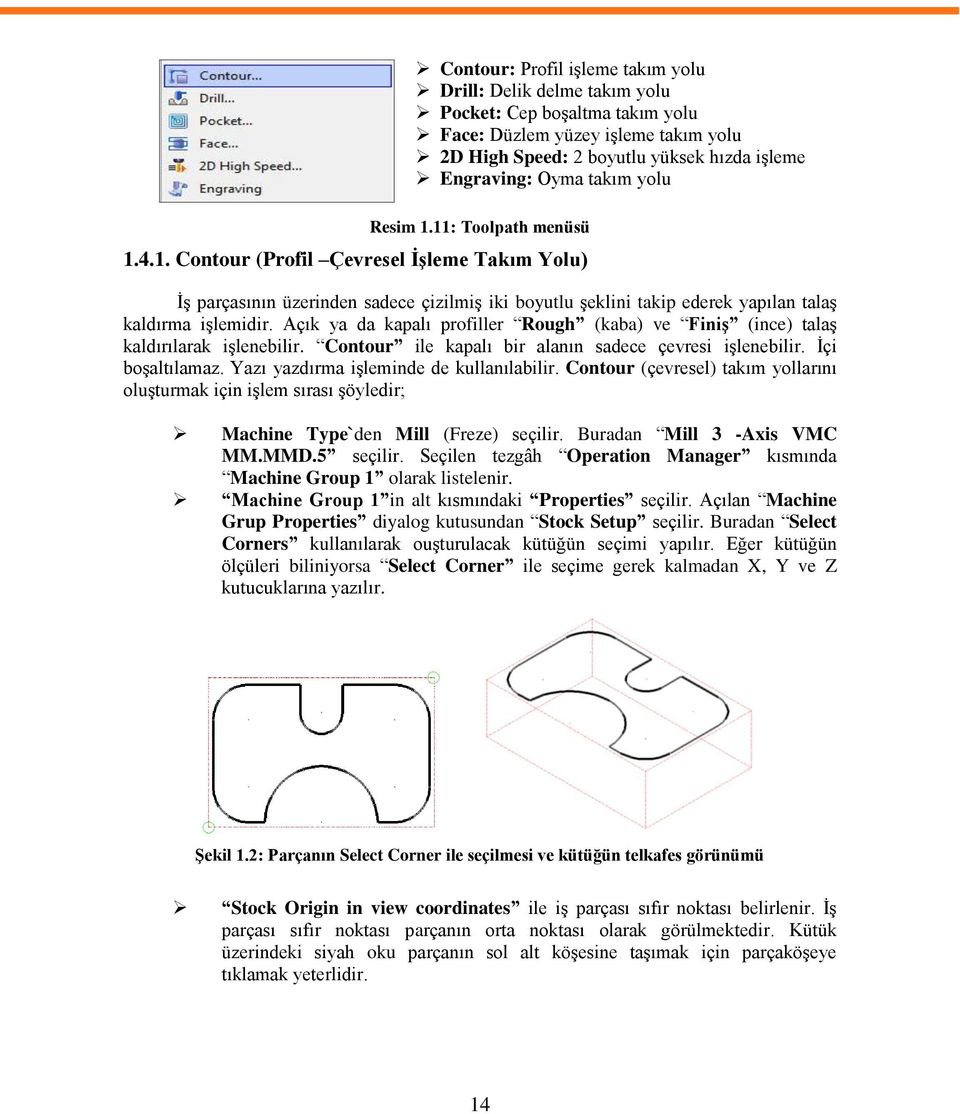 Açık ya da kapalı profiller Rough (kaba) ve Finiş (ince) talaş kaldırılarak işlenebilir. Contour ile kapalı bir alanın sadece çevresi işlenebilir. İçi boşaltılamaz.