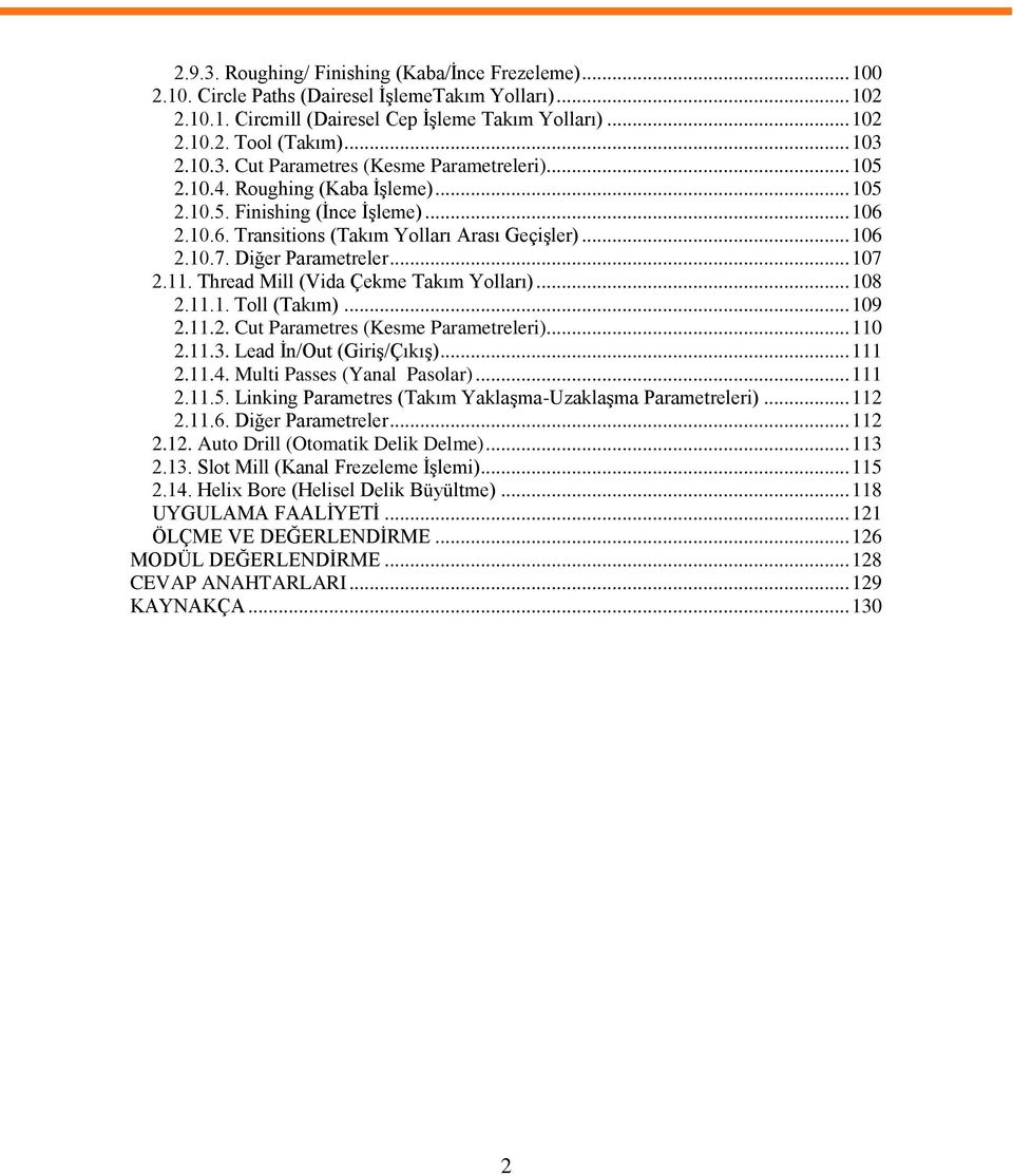 Diğer Parametreler... 107 2.11. Thread Mill (Vida Çekme Takım Yolları)... 108 2.11.1. Toll (Takım)... 109 2.11.2. Cut Parametres (Kesme Parametreleri)... 110 2.11.3. Lead İn/Out (Giriş/Çıkış)... 111 2.