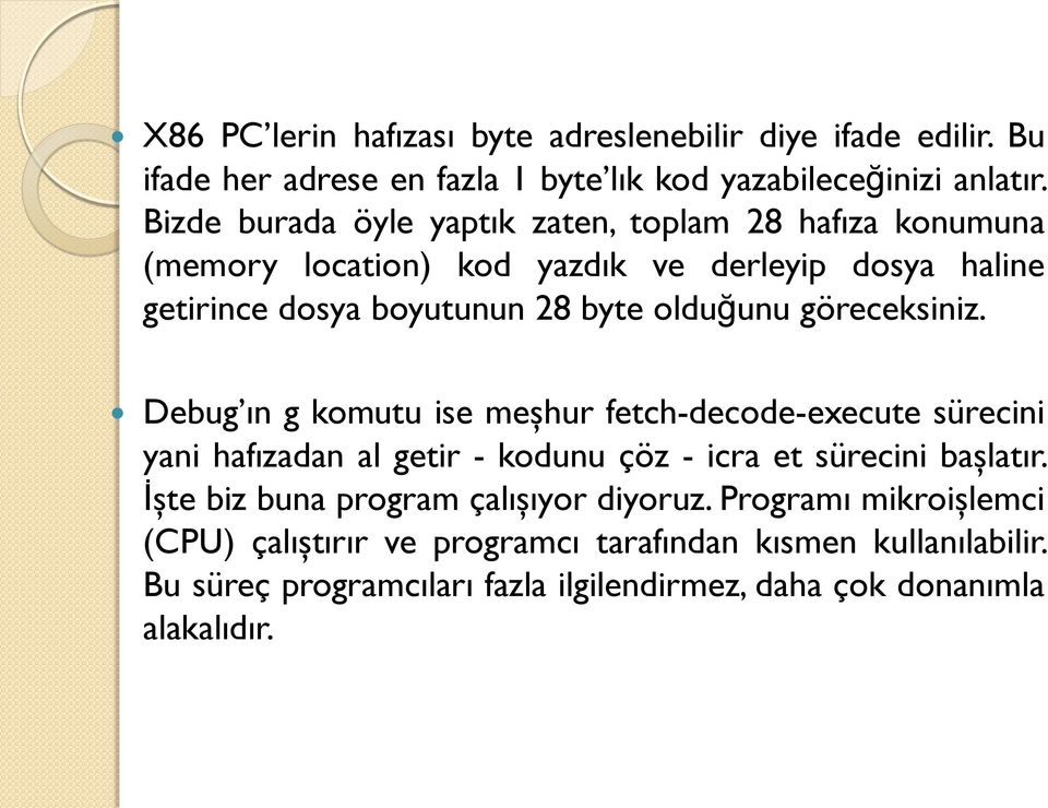 göreceksiniz. Debug ın g komutu ise meşhur fetch-decode-execute sürecini yani hafızadan al getir - kodunu çöz - icra et sürecini başlatır.