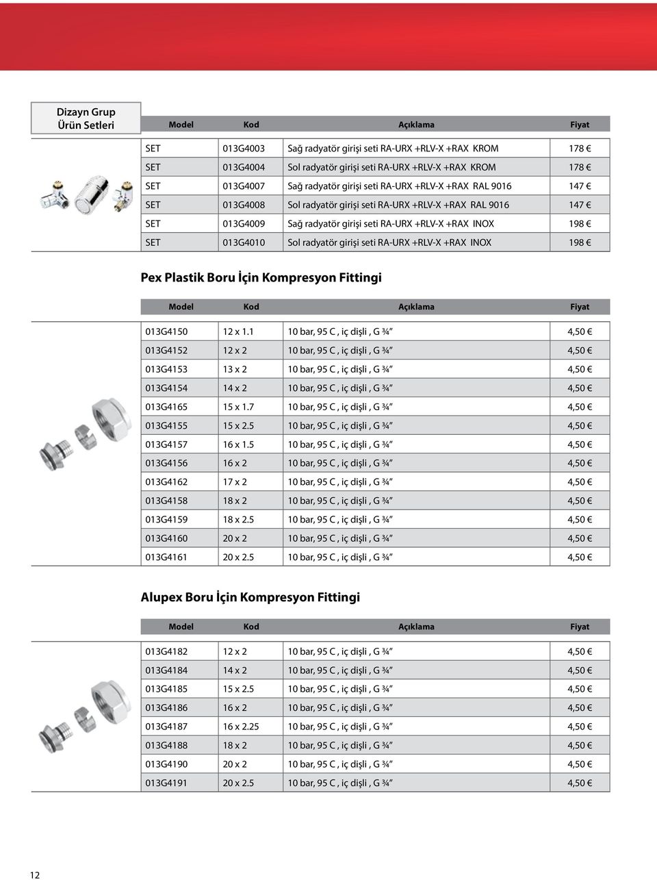 radyatör girişi seti RA-URX +RLV-X +RAX INOX 198 Pex Plastik Boru İçin Kompresyon Fittingi Açıklama Fiyat 013G4150 12 x 1.