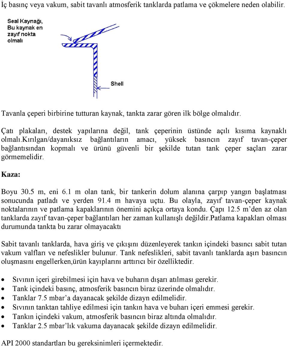 kırılgan/dayanıksız bağlantıların amacı, yüksek basıncın zayıf tavan-çeper bağlantısından kopmalı ve ürünü güvenli bir şekilde tutan tank çeper saçları zarar görmemelidir. Kaza: Boyu 30.5 m, eni 6.