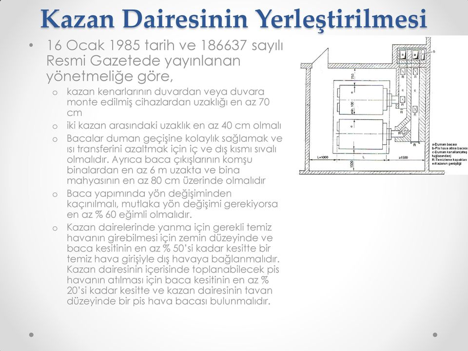 Ayrıca baca çıkışlarının komşu binalardan en az 6 m uzakta ve bina mahyasının en az 80 cm üzerinde olmalıdır Baca yapımında yön değişiminden kaçınılmalı, mutlaka yön değişimi gerekiyorsa en az % 60