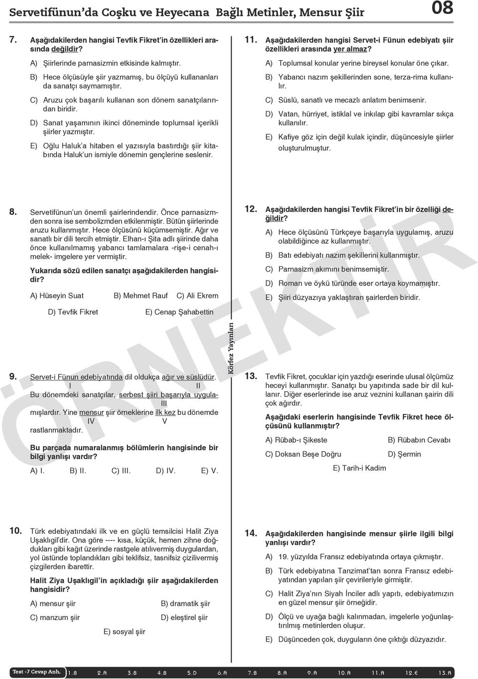 D) Sanat yaşamının ikinci döneminde toplumsal içerikli şiirler yazmıştır. E) Oğlu Haluk a hitaben el yazısıyla bastırdığı şiir kitabında Haluk un ismiyle dönemin gençlerine seslenir. 11.