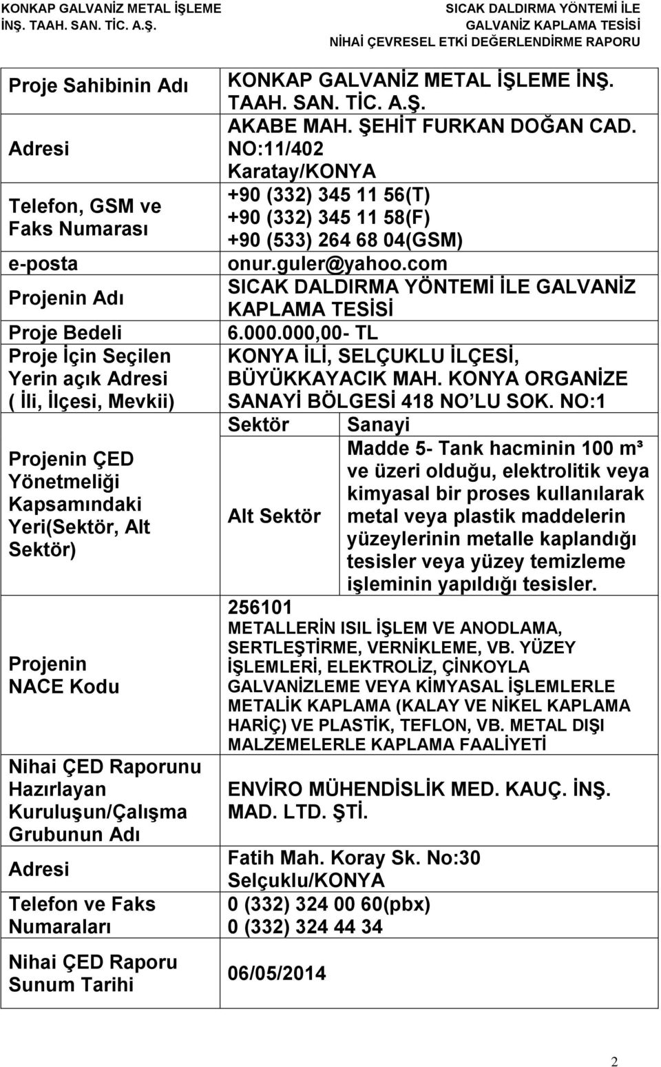 ĠNġ. TAAH. SAN. TĠC. A.ġ. AKABE MAH. ġehġt FURKAN DOĞAN CAD. NO:11/402 Karatay/KONYA +90 (332) 345 11 56(T) +90 (332) 345 11 58(F) +90 (533) 264 68 04(GSM) onur.guler@yahoo.