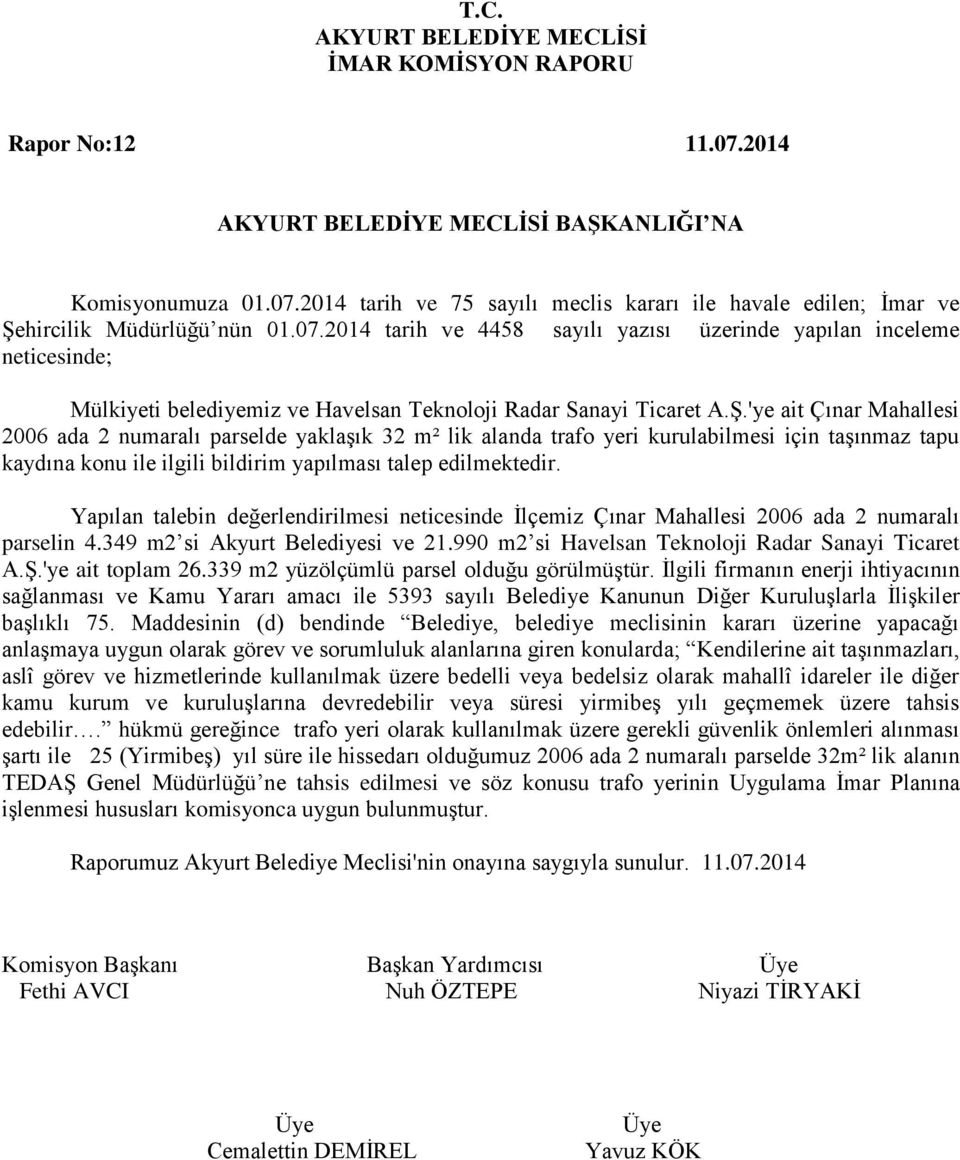 Yapılan talebin değerlendirilmesi neticesinde İlçemiz Çınar Mahallesi 2006 ada 2 numaralı parselin 4.349 m2 si Akyurt Belediyesi ve 21.990 m2 si Havelsan Teknoloji Radar Sanayi Ticaret A.Ş.