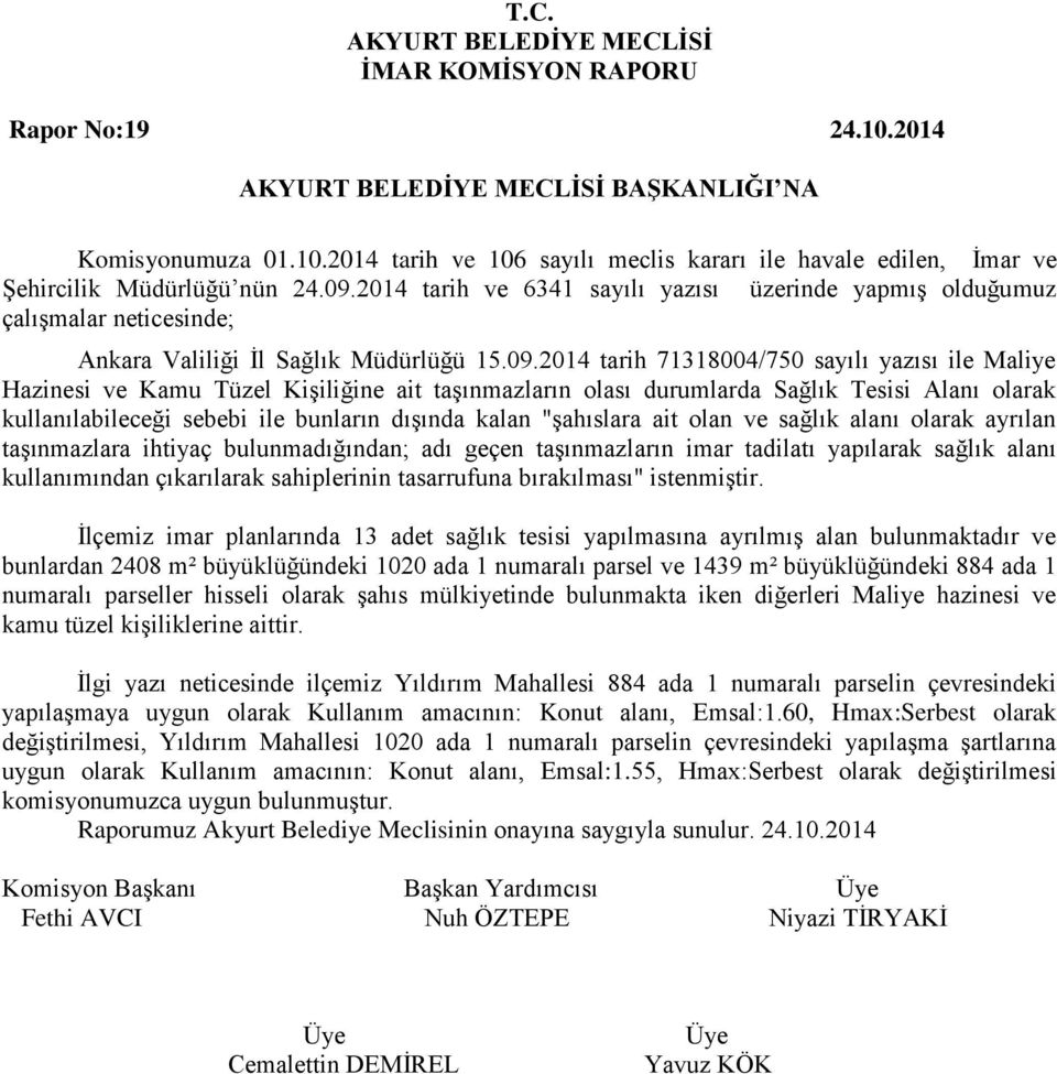 2014 tarih 71318004/750 sayılı yazısı ile Maliye Hazinesi ve Kamu Tüzel Kişiliğine ait taşınmazların olası durumlarda Sağlık Tesisi Alanı olarak kullanılabileceği sebebi ile bunların dışında kalan