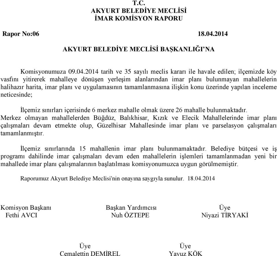 2014 tarih ve 35 sayılı meclis kararı ile havale edilen; ilçemizde köy vasfını yitirerek mahalleye dönüşen yerleşim alanlarından imar planı bulunmayan mahallelerin halihazır harita, imar planı ve