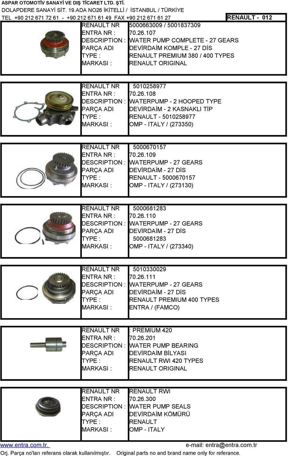 26.111 WATERPUMP - 27 GEARS DEVİRDAİM - 27 DİS PREMIUM 400 TYPES / (FAMCO) : PREMIUM 420 70.26.201 WATER PUMP BEARING DEVİRDAİM BİLYASI RWI 420 TYPES ORIGINAL RWI 70.