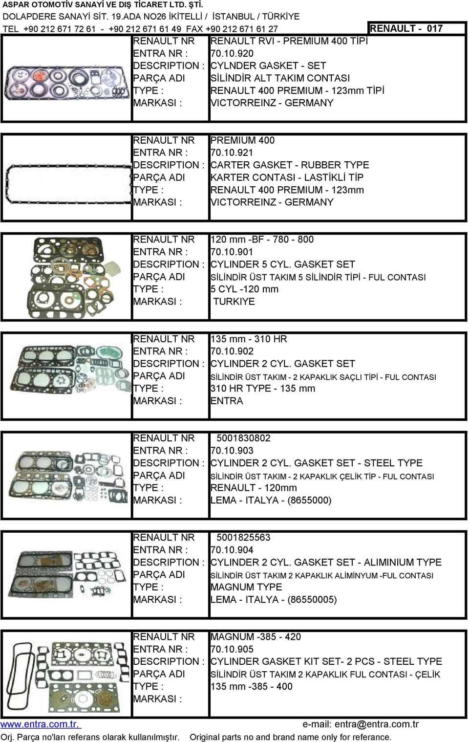 GASKET SET - ALIMINIUM TYPE MAGNUM -385-420 70.10.