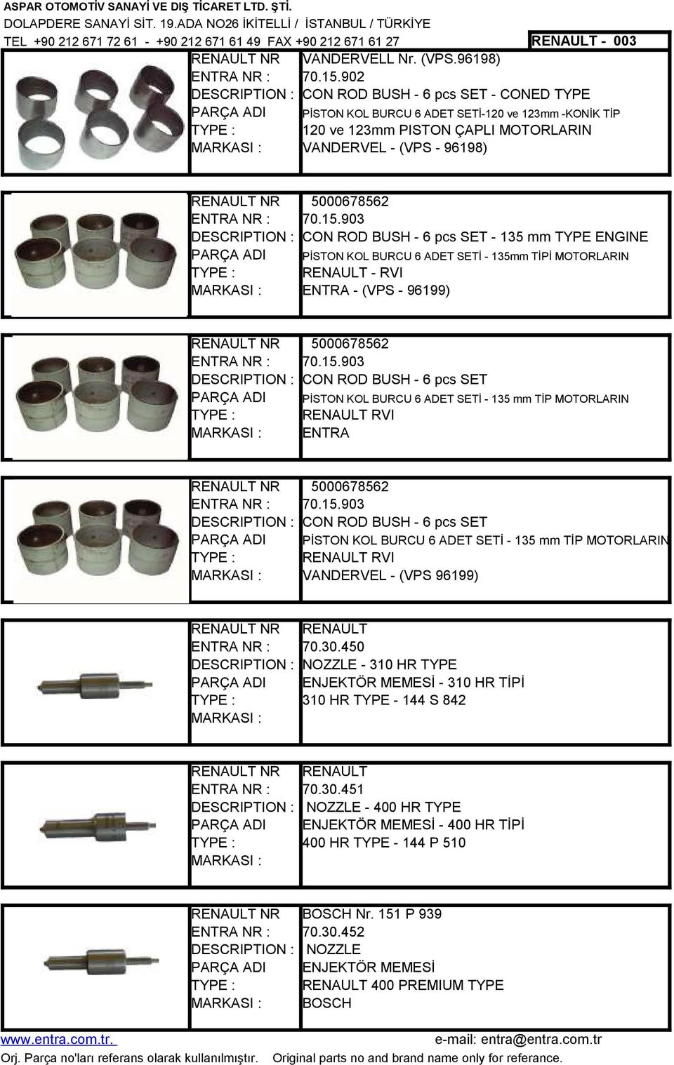 903 CON ROD BUSH - 6 pcs SET - 135 mm TYPE ENGINE 5000678562 70.15.903 CON ROD BUSH - 6 pcs SET 5000678562 70.15.903 CON ROD BUSH - 6 pcs SET 70.30.