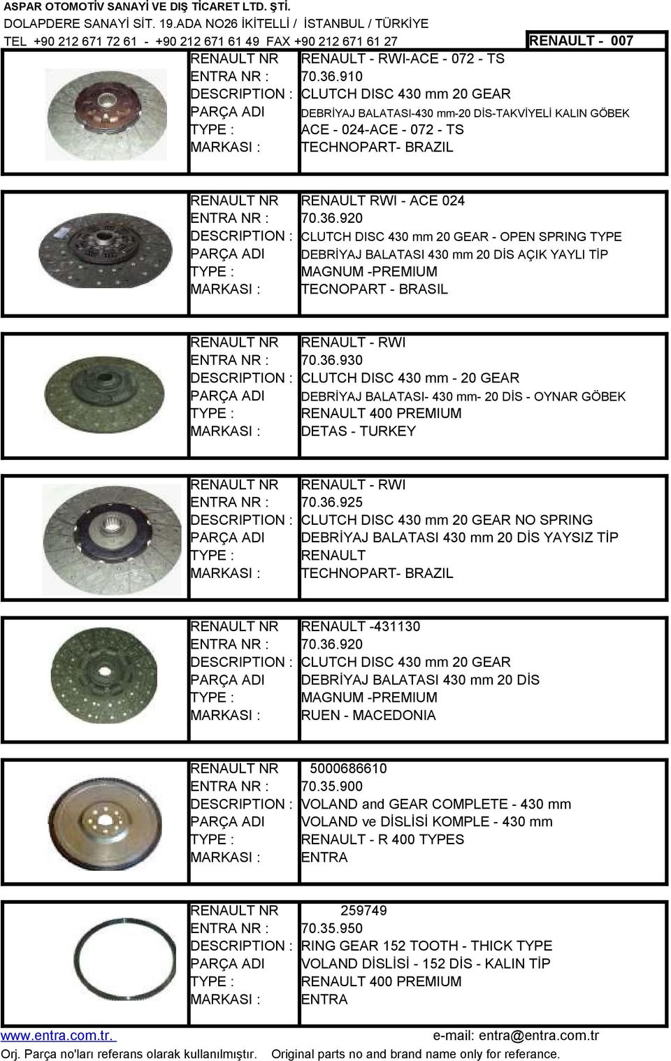 900 VOLAND and GEAR COMPLETE - 430 mm VOLAND ve DİSLİSİ KOMPLE - 430 mm - R 400 TYPES 259749 70.35.