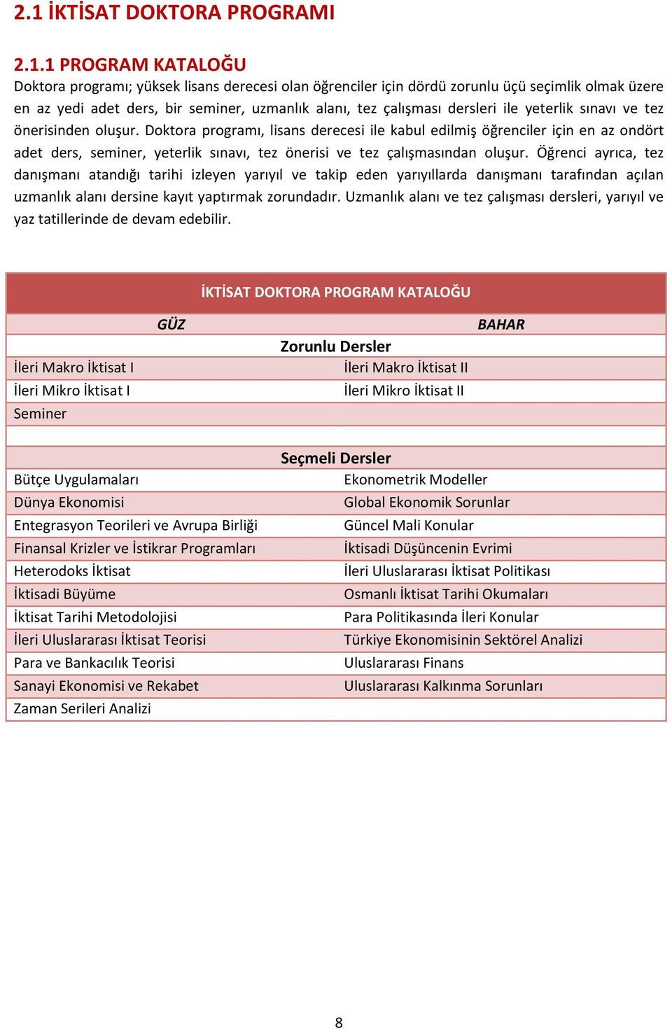 Doktora programı, lisans derecesi ile kabul edilmiş öğrenciler için en az ondört adet ders, seminer, yeterlik sınavı, tez önerisi ve tez çalışmasından oluşur.