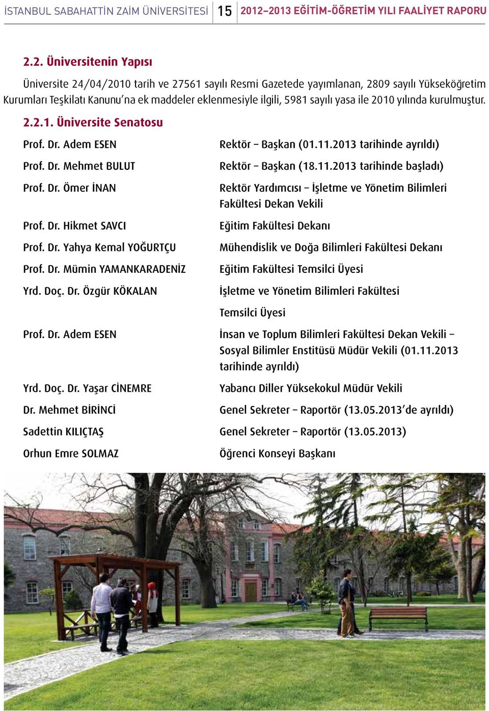 maddeler eklenmesiyle ilgili, 5981 sayılı yasa ile 2010 yılında kurulmuştur. 2.2.1. Üniversite Senatosu Prof. Dr. Adem ESEN Prof. Dr. Mehmet BULUT Prof. Dr. Ömer İNAN Prof. Dr. Hikmet SAVCI Prof. Dr. Yahya Kemal YOĞURTÇU Prof.