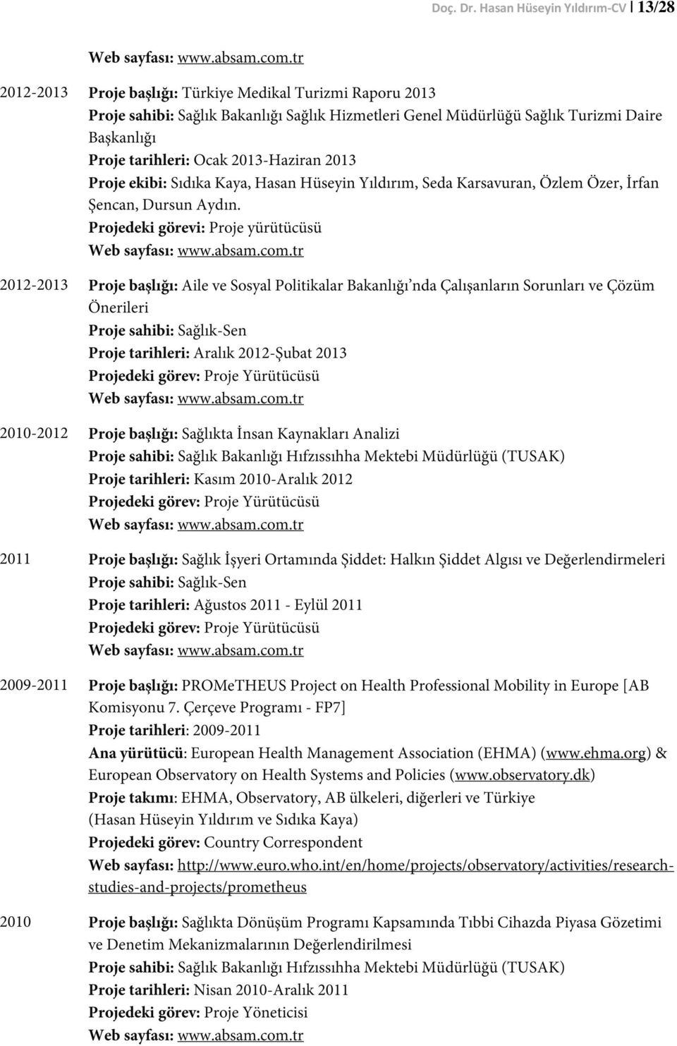 2013 Proje ekibi: Sıdıka Kaya, Hasan Hüseyin Yıldırım, Seda Karsavuran, Özlem Özer, İrfan Şencan, Dursun Aydın. Projedeki görevi: Proje yürütücüsü Web sayfası: www.absam.com.