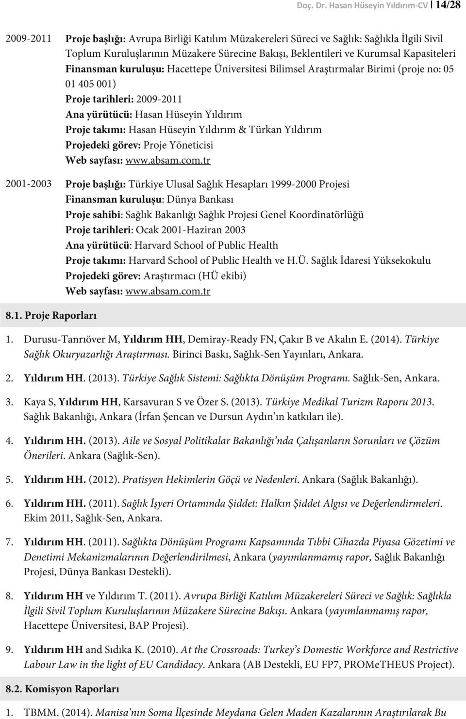 Kurumsal Kapasiteleri Finansman kuruluşu: Hacettepe Üniversitesi Bilimsel Araştırmalar Birimi (proje no: 05 01 405 001) Proje tarihleri: 2009-2011 Ana yürütücü: Hasan Hüseyin Yıldırım Proje takımı: