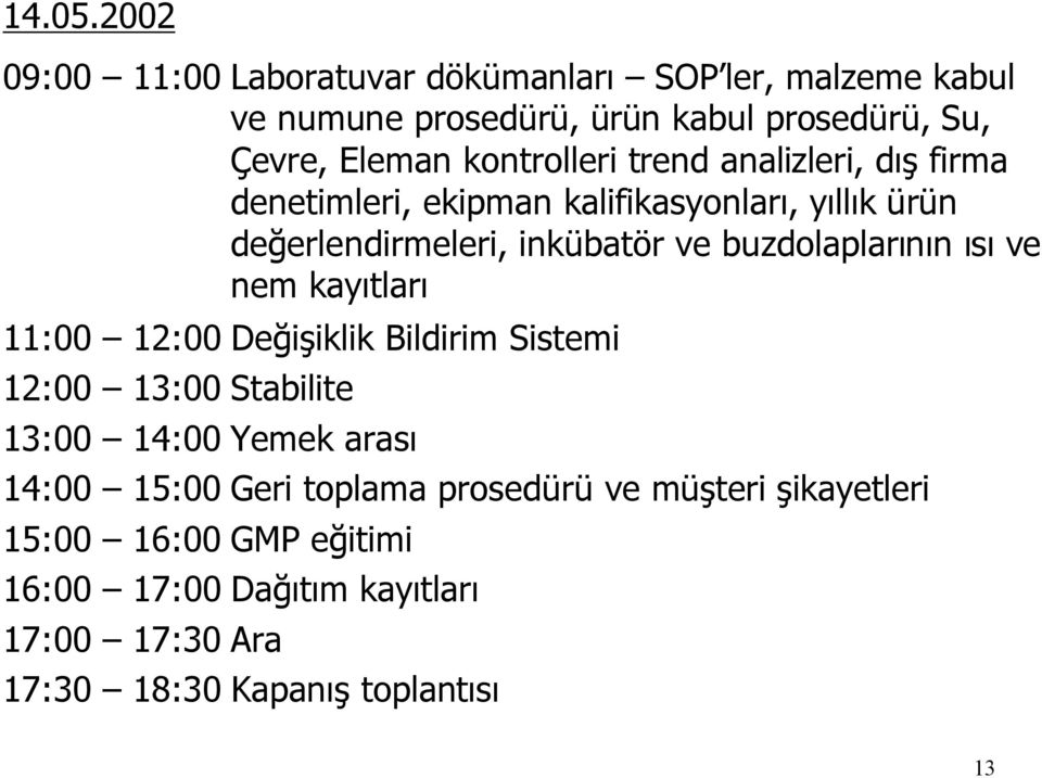 kontrolleri trend analizleri, dış firma denetimleri, ekipman kalifikasyonları, yıllık ürün değerlendirmeleri, inkübatör ve