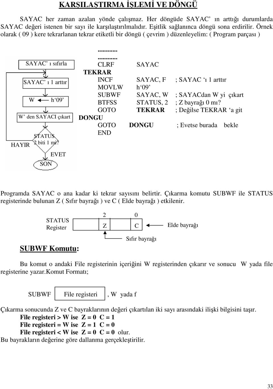 Örnek olarak ( 09 ) kere tekrarlanan tekrar etiketli bir döngü ( çevrim ) düzenleyelim: ( Program parçası ) SAYAC ı sıfırla SAYAC ı 1 arttır W h 09 W den SAYACI çıkart HAYIR STATUS 2 biti 1 mi?