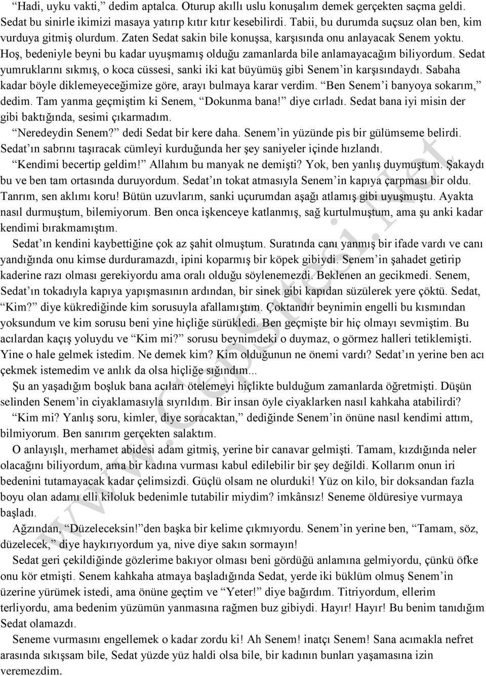 Hoş, bedeniyle beyni bu kadar uyuşmamış olduğu zamanlarda bile anlamayacağım biliyordum. Sedat yumruklarını sıkmış, o koca cüssesi, sanki iki kat büyümüş gibi Senem in karşısındaydı.