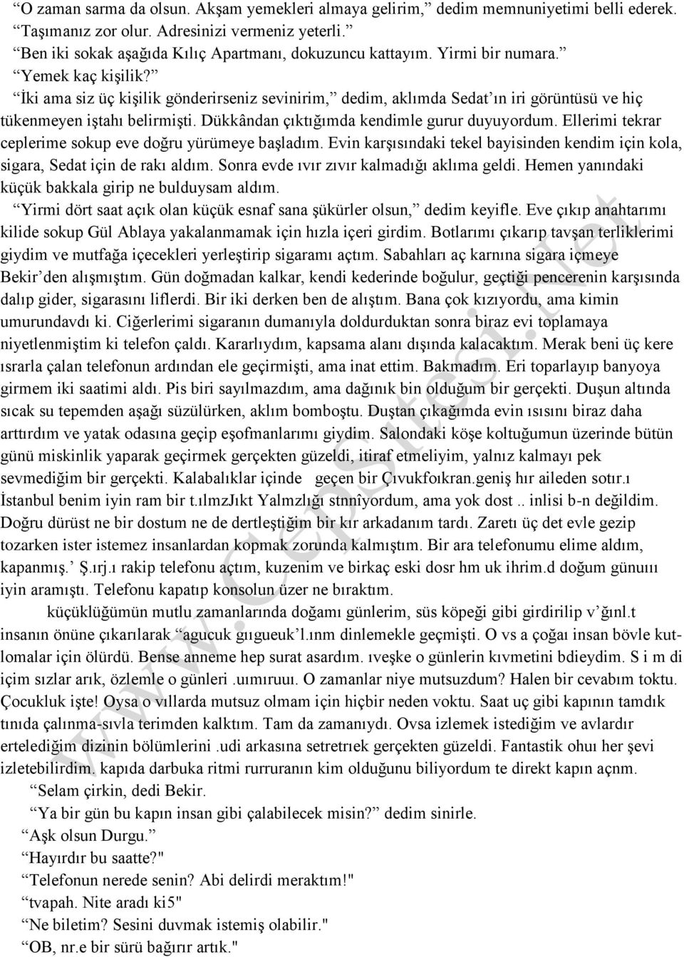 Dükkândan çıktığımda kendimle gurur duyuyordum. Ellerimi tekrar ceplerime sokup eve doğru yürümeye başladım. Evin karşısındaki tekel bayisinden kendim için kola, sigara, Sedat için de rakı aldım.