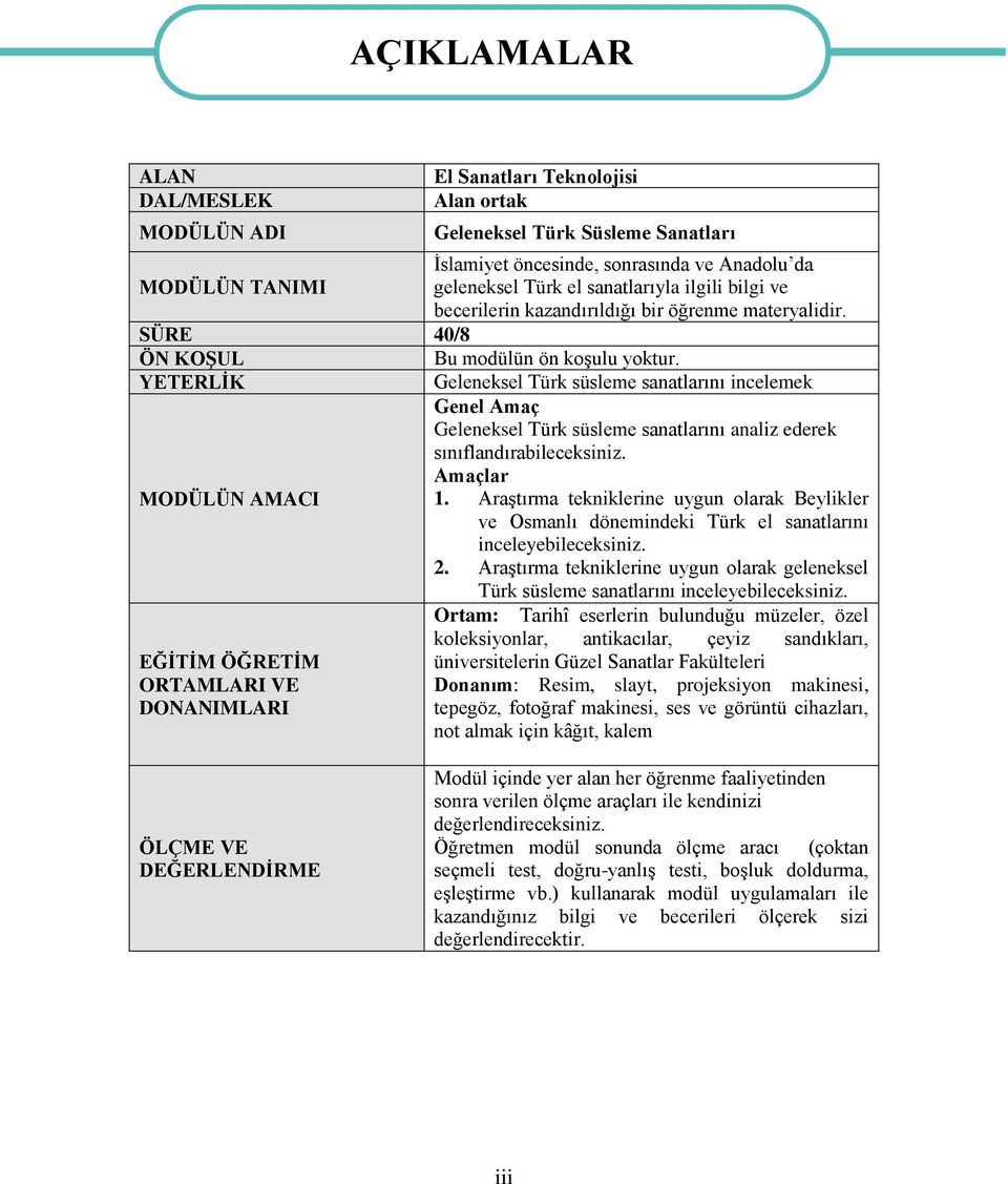 YETERLİK Geleneksel Türk süsleme sanatlarını incelemek Genel Amaç Geleneksel Türk süsleme sanatlarını analiz ederek sınıflandırabileceksiniz. Amaçlar MODÜLÜN AMACI 1.