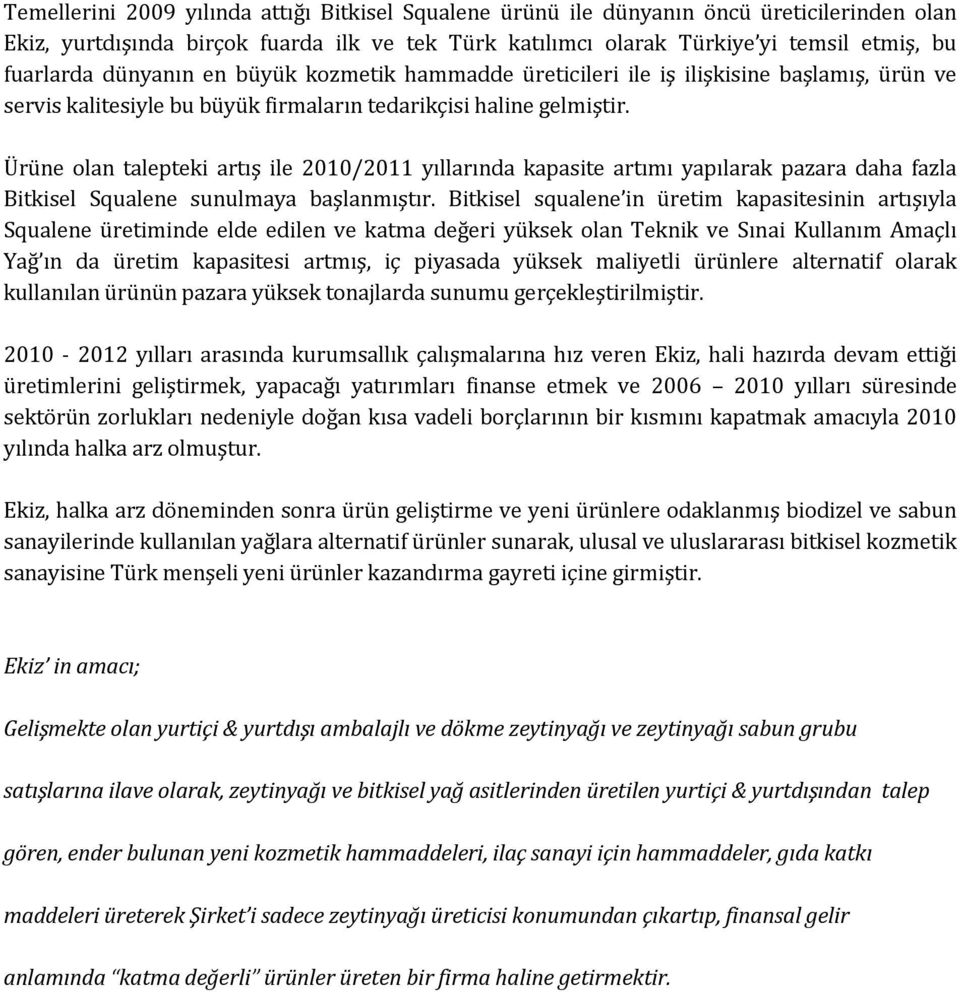 Ürüne olan talepteki artış ile 2010/2011 yıllarında kapasite artımı yapılarak pazara daha fazla Bitkisel Squalene sunulmaya başlanmıştır.