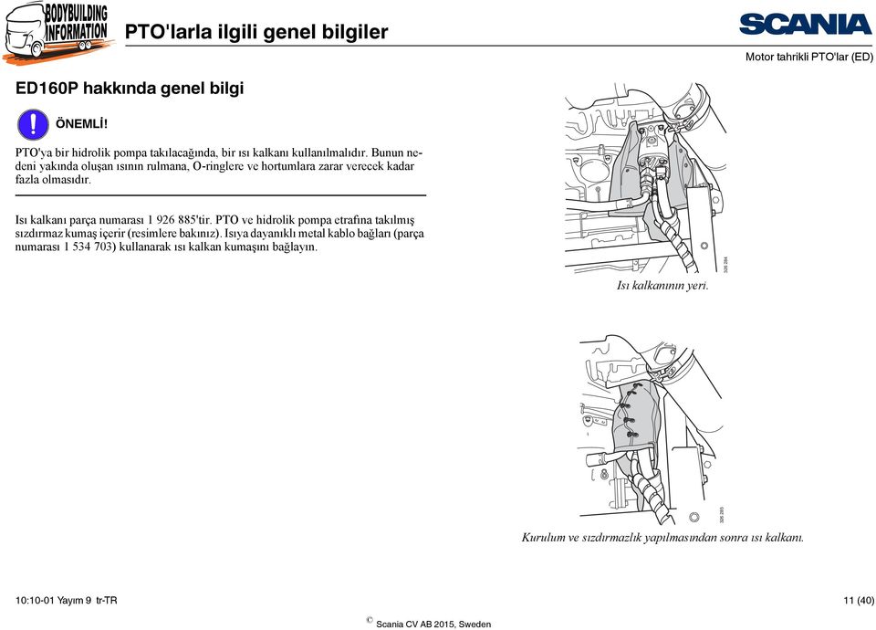 PTO ve hidrolik pompa etrafına takılmış sızdırmaz kumaş içerir (resimlere bakınız).