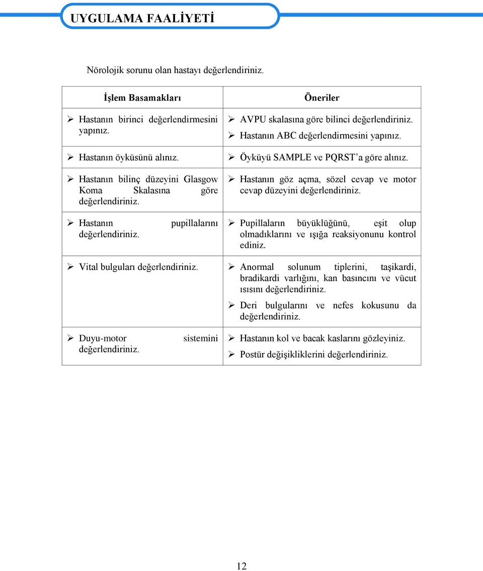 Öyküyü SAMPLE ve PQRST a göre alınız. Hastanın göz açma, sözel cevap ve motor cevap düzeyini değerlendiriniz. Hastanın değerlendiriniz.