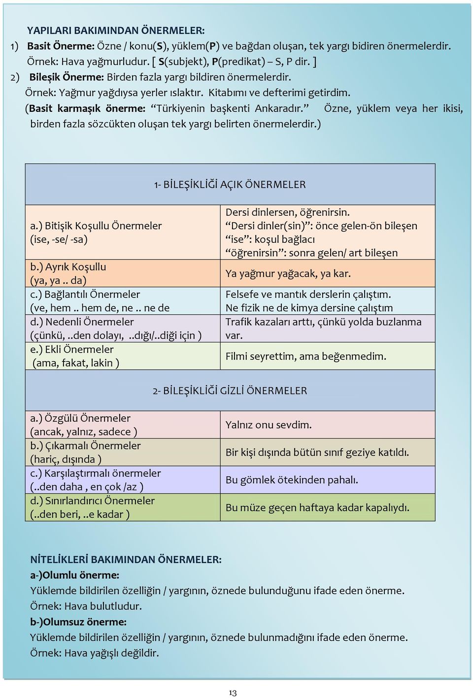 Özne, yüklem veya her ikisi, birden fazla sözcükten oluşan tek yargı belirten önermelerdir.) 1- BİLEŞİKLİĞİ AÇIK ÖNERMELER a.) Bitişik Koşullu Önermeler (ise, -se/ -sa) b.) Ayrık Koşullu (ya, ya.