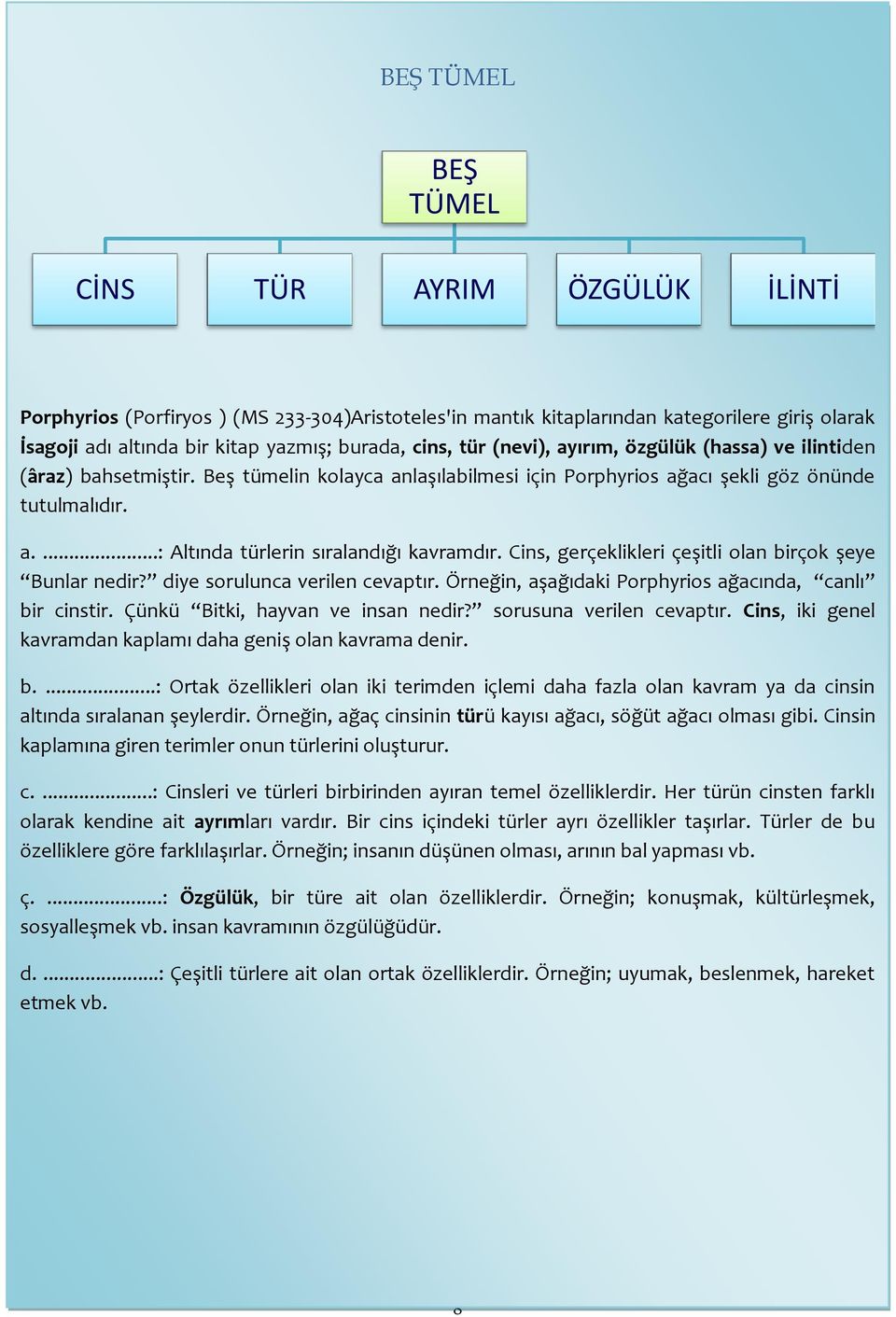 Cins, gerçeklikleri çeşitli olan birçok şeye Bunlar nedir? diye sorulunca verilen cevaptır. Örneğin, aşağıdaki Porphyrios ağacında, canlı bir cinstir. Çünkü Bitki, hayvan ve insan nedir?