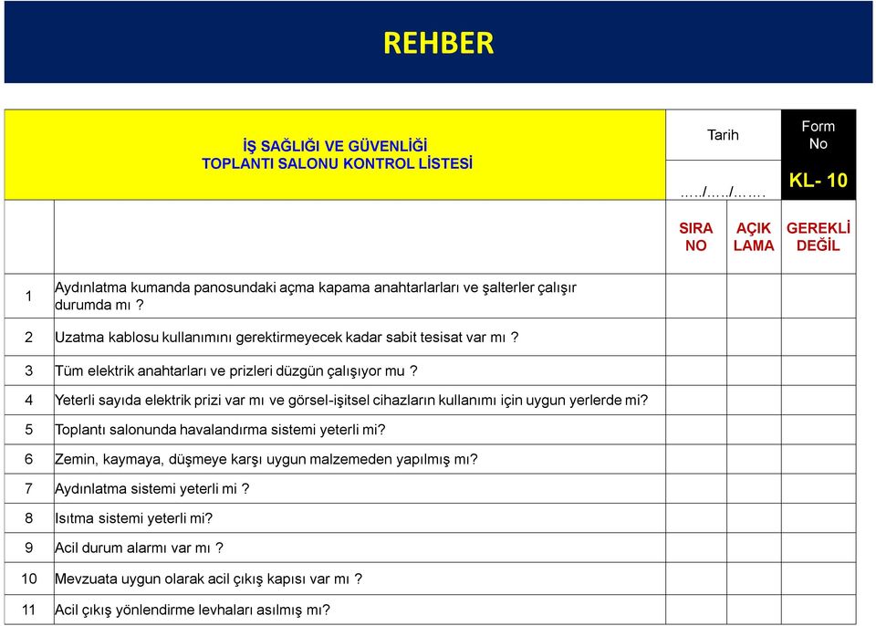 2 Uzatma kablosu kullanımını gerektirmeyecek kadar sabit tesisat var mı? 3 Tüm elektrik anahtarları ve prizleri düzgün çalışıyor mu?