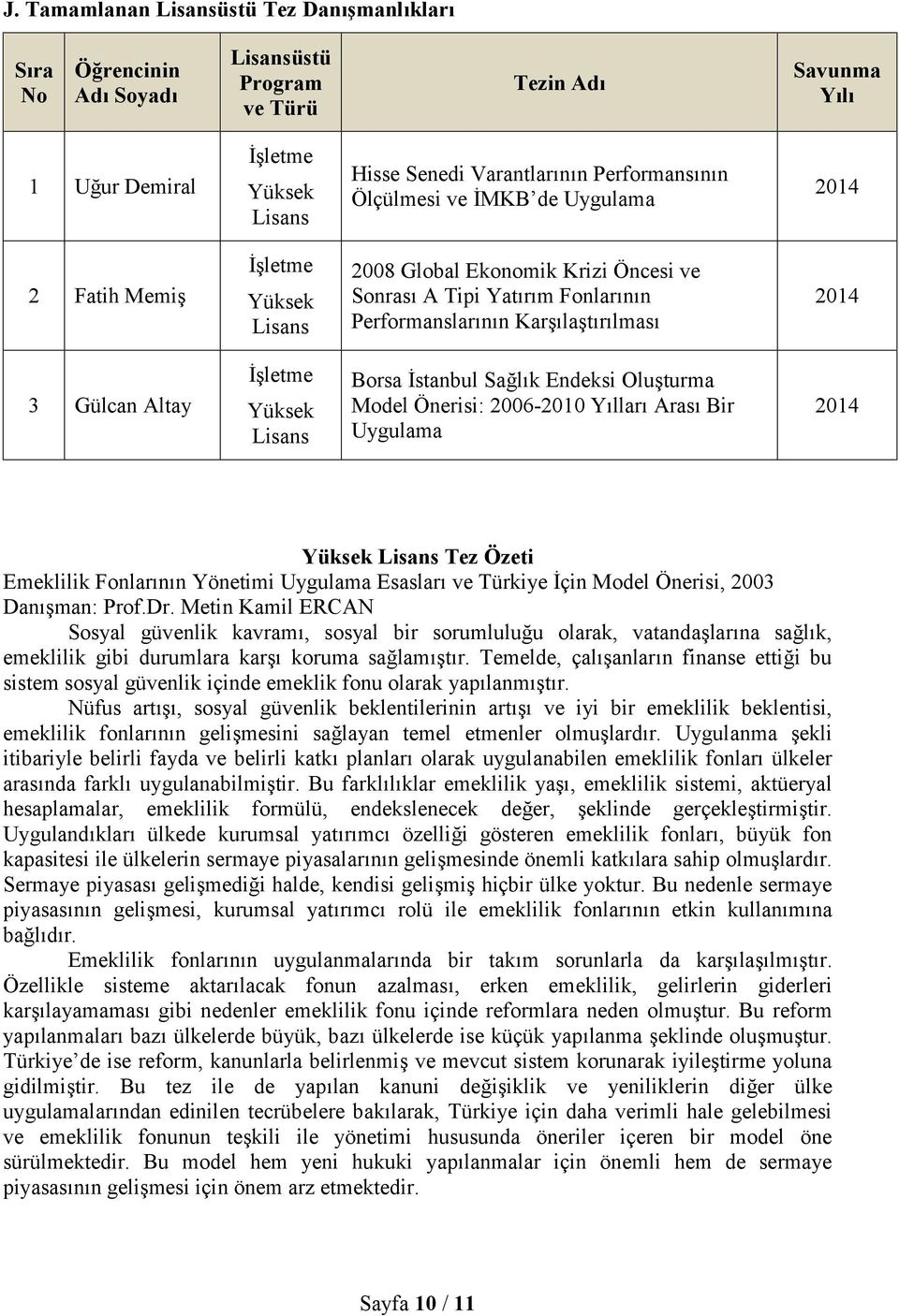 Gülcan Altay İşletme Yüksek Lisans Borsa İstanbul Sağlık Endeksi Oluşturma Model Önerisi: 2006-2010 Yılları Arası Bir Uygulama 2014 Yüksek Lisans Tez Özeti Emeklilik Fonlarının Yönetimi Uygulama