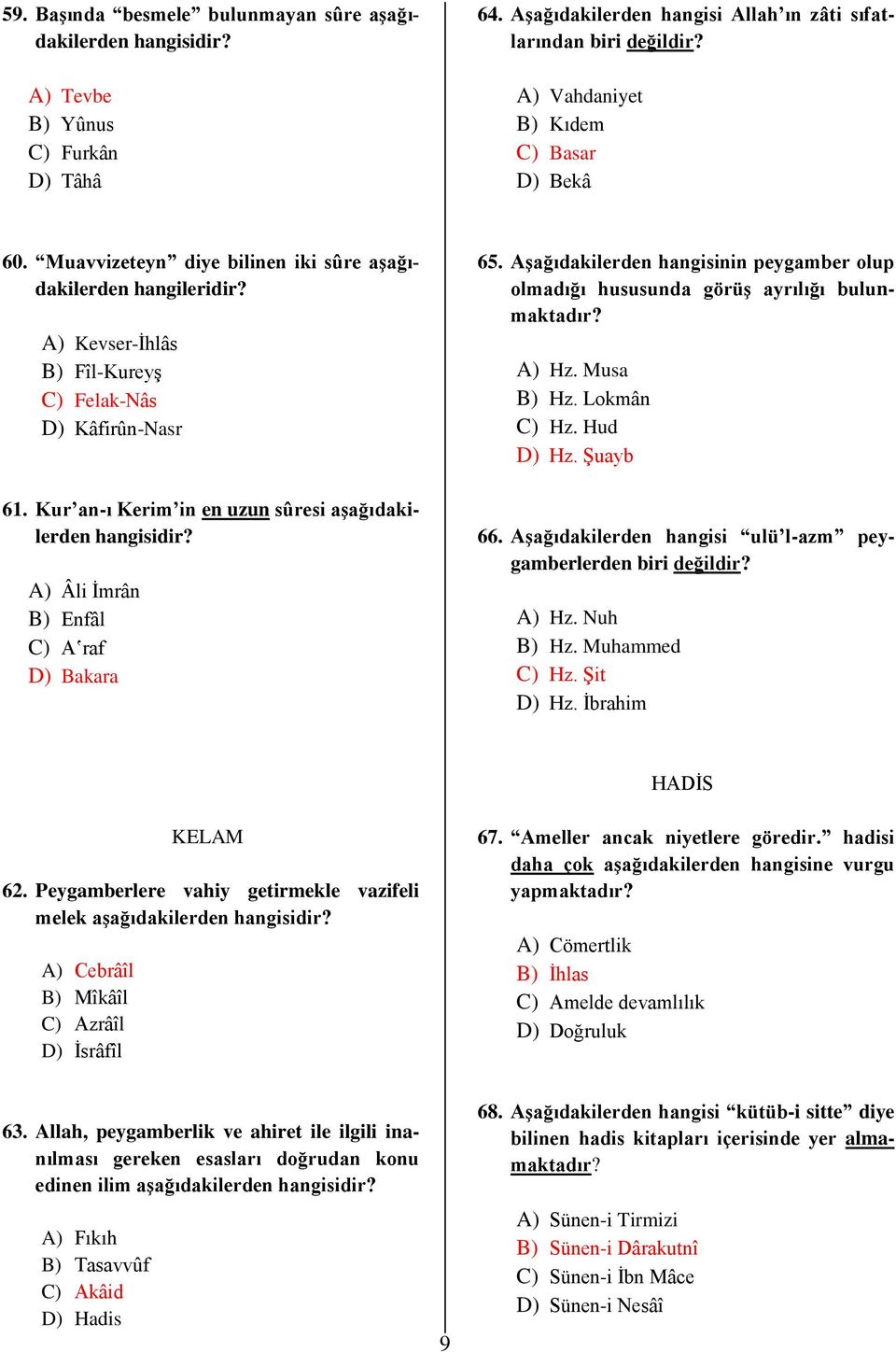 Kur an-ı Kerim in en uzun sûresi aşağıdakilerden hangisidir? A) Âli İmrân B) Enfâl C) A raf D) Bakara 65. Aşağıdakilerden hangisinin peygamber olup olmadığı hususunda görüş ayrılığı bulunmaktadır?