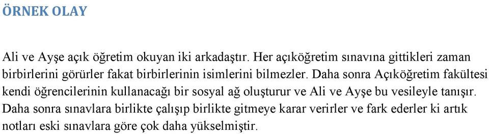 Daha sonra Açıköğretim fakültesi kendi öğrencilerinin kullanacağı bir sosyal ağ oluşturur ve Ali ve Ayşe bu