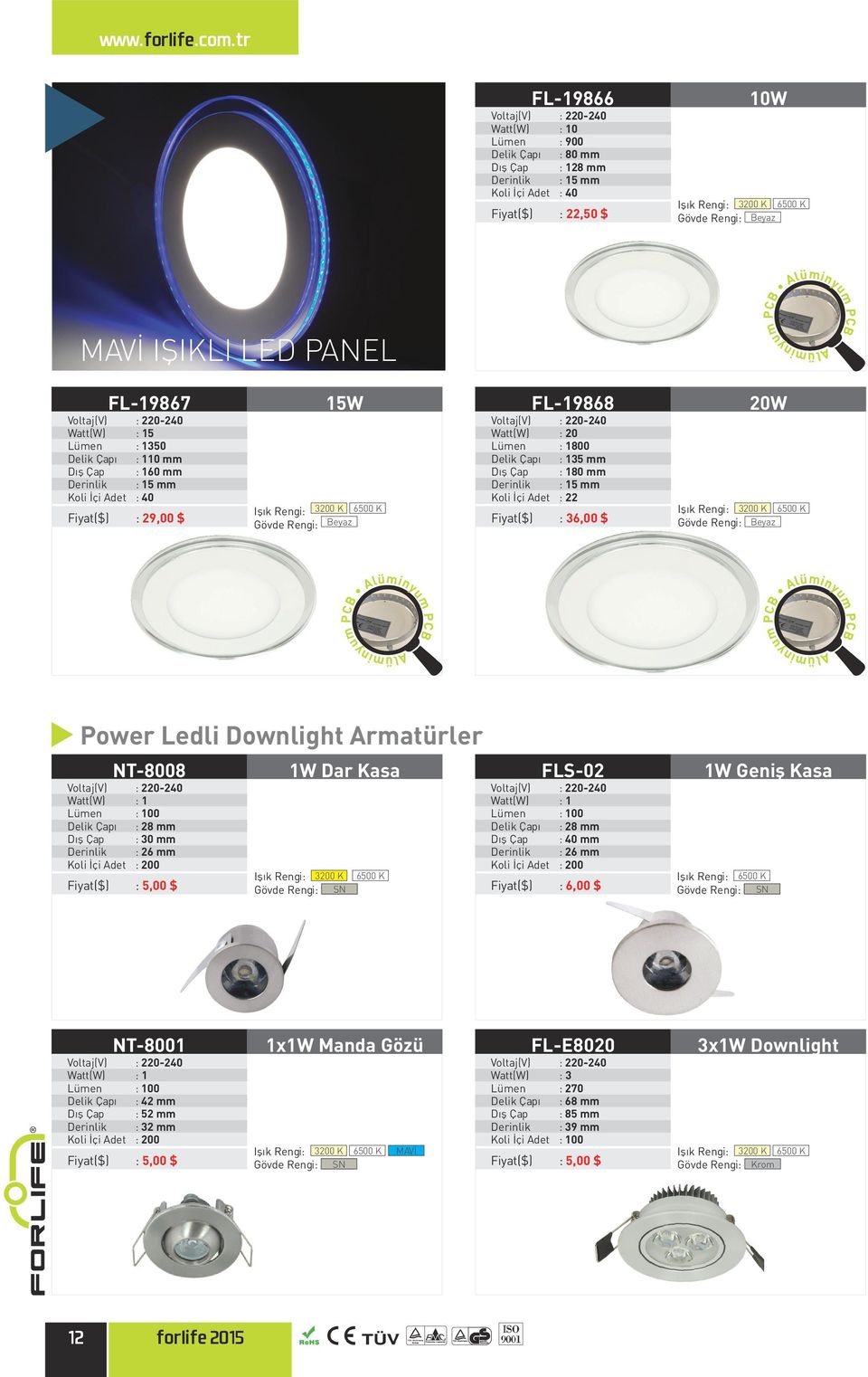 : 36,00 $ 20W Power Ledli Downlight Armatürler NT-8008 Watt(W) : 1 Lümen : 100 Delik Çapı : 28 mm Dış Çap : 30 mm Derinlik : 26 mm 0 Fiyat($) : 5,00 $ 1W Dar Kasa Gövde Rengi: SN FLS-02 Watt(W) : 1