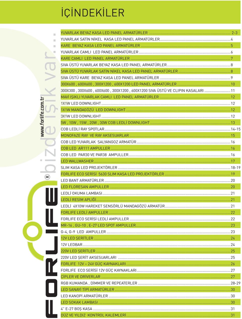 ..8 SIVA ÜSTÜ KARE BEYAZ KASA LED PANEL ARMATÜRLER...9 300X600, 600X600, 300X1200, 600X1200 LED PANEL ARMATÜRLER...10 300X300, 300X600, 600X600, 300X1200, 600X1200 SIVA ÜSTÜ VE CLIPIN KASALARI.