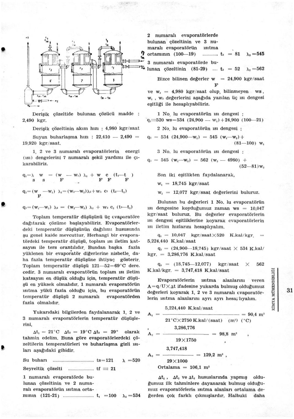 Derişik çözeltide bulunan çözllcu madde : 2,490 kgr. Derişik çözeltinin akım hızı ; 4,980 kgr/saat Suyun buharlaşma hızı : 22,410 2,490 19,920 kgr/saat.