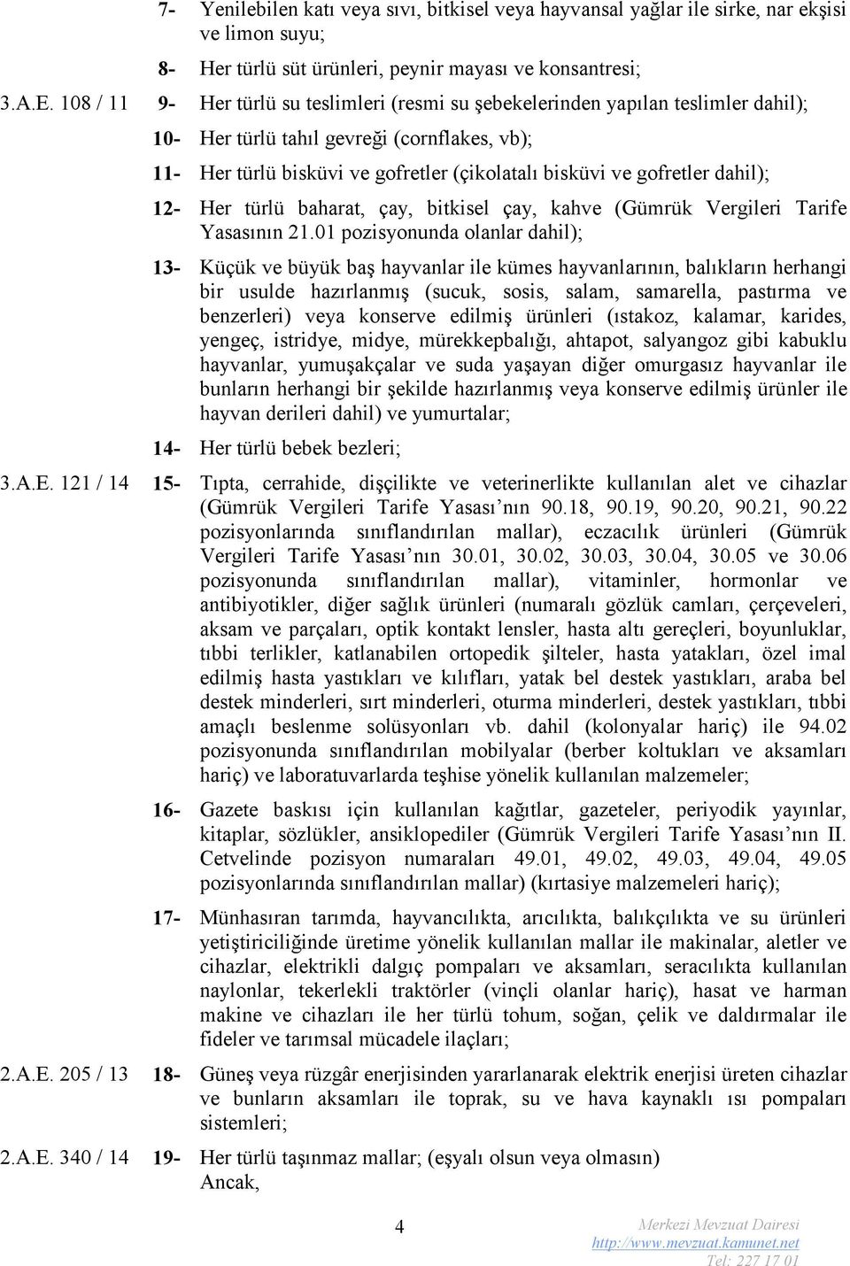 gofretler dahil); 12- Her türlü baharat, çay, bitkisel çay, kahve (Gümrük Vergileri Tarife Yasasının 21.