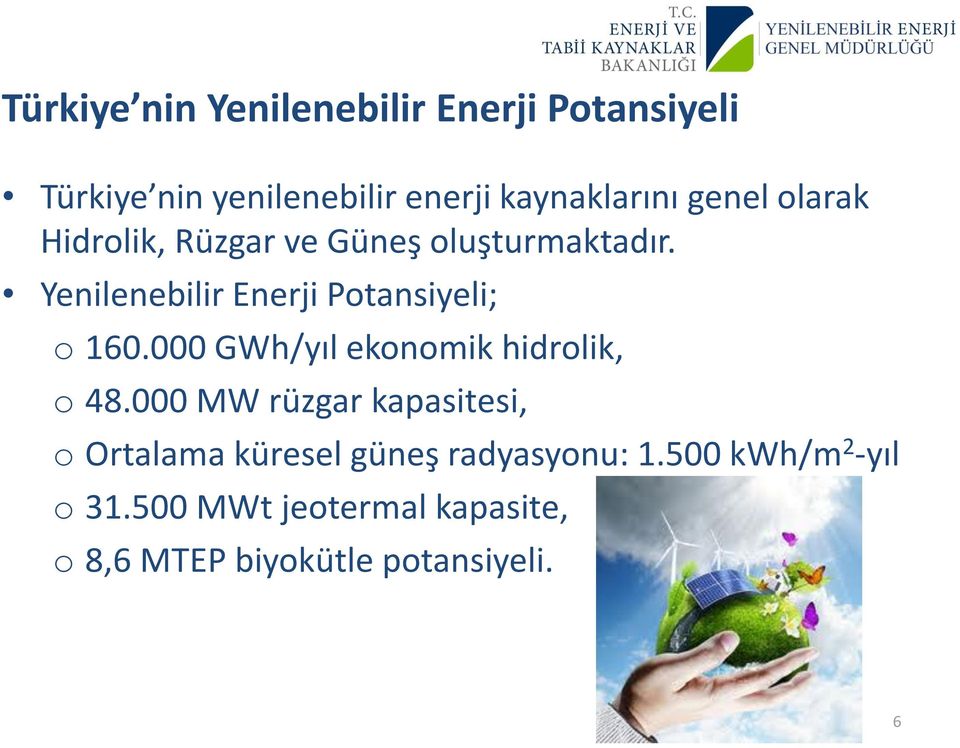 Yenilenebilir Enerji Potansiyeli; o 160.000 GWh/yıl ekonomik hidrolik, o 48.