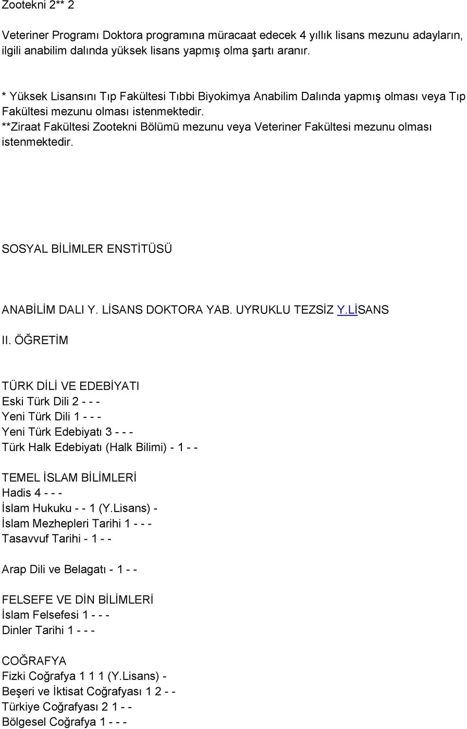 **Ziraat Fakültesi Zootekni Bölümü mezunu veya Veteriner Fakültesi mezunu olması istenmektedir. SOSYAL BİLİMLER ENSTİTÜSÜ ANABİLİM DALI Y. LİSANS DOKTORA YAB. UYRUKLU TEZSİZ Y.LİSANS II.