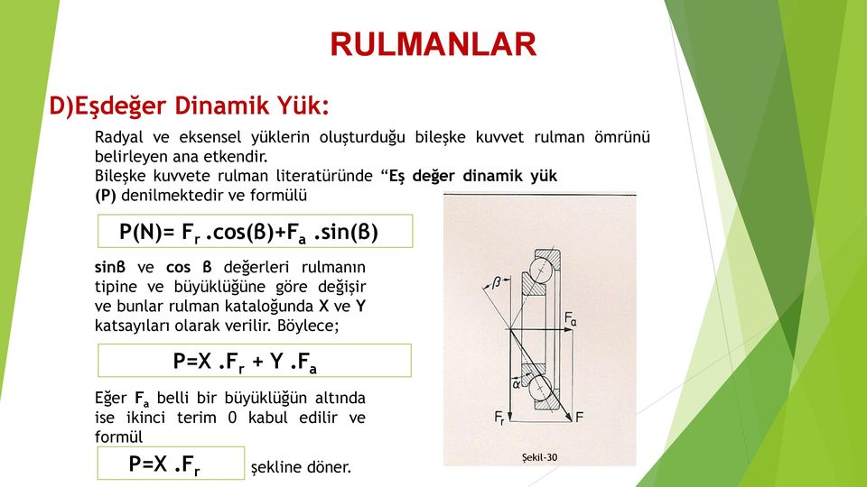 sin(β) sinβ ve cos β değerleri rulmanın tipine ve büyüklüğüne göre değişir ve bunlar rulman kataloğunda X ve Y katsayıları