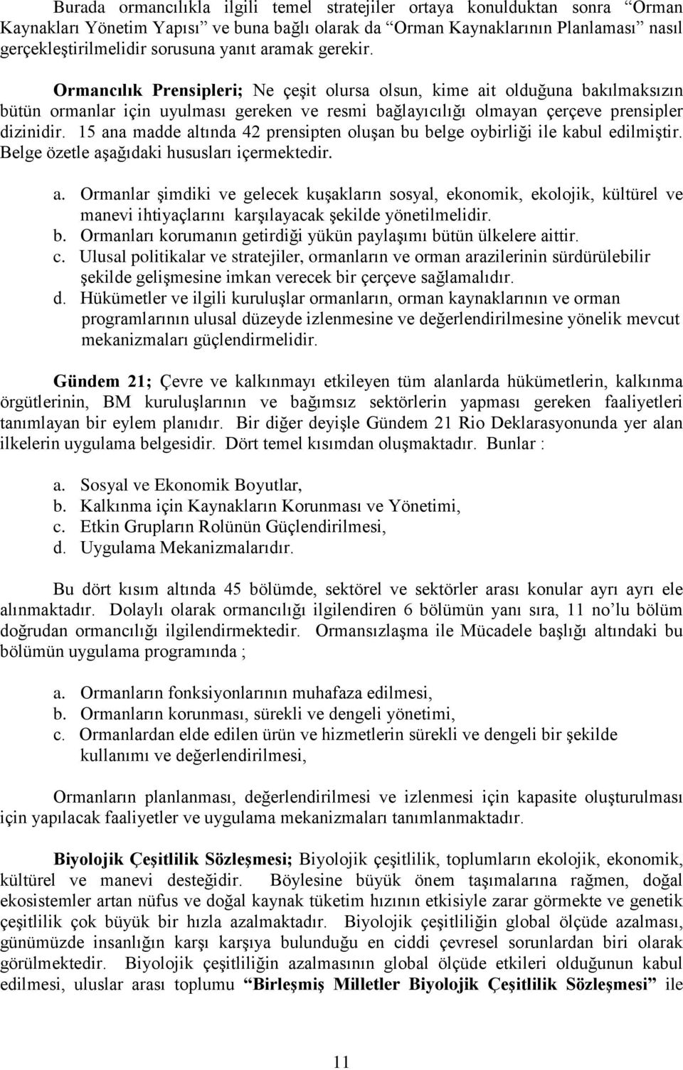 15 ana madde altında 42 prensipten oluşan bu belge oybirliği ile kabul edilmiştir. Belge özetle aşağıdaki hususları içermektedir. a. Ormanlar şimdiki ve gelecek kuşakların sosyal, ekonomik, ekolojik, kültürel ve manevi ihtiyaçlarını karşılayacak şekilde yönetilmelidir.