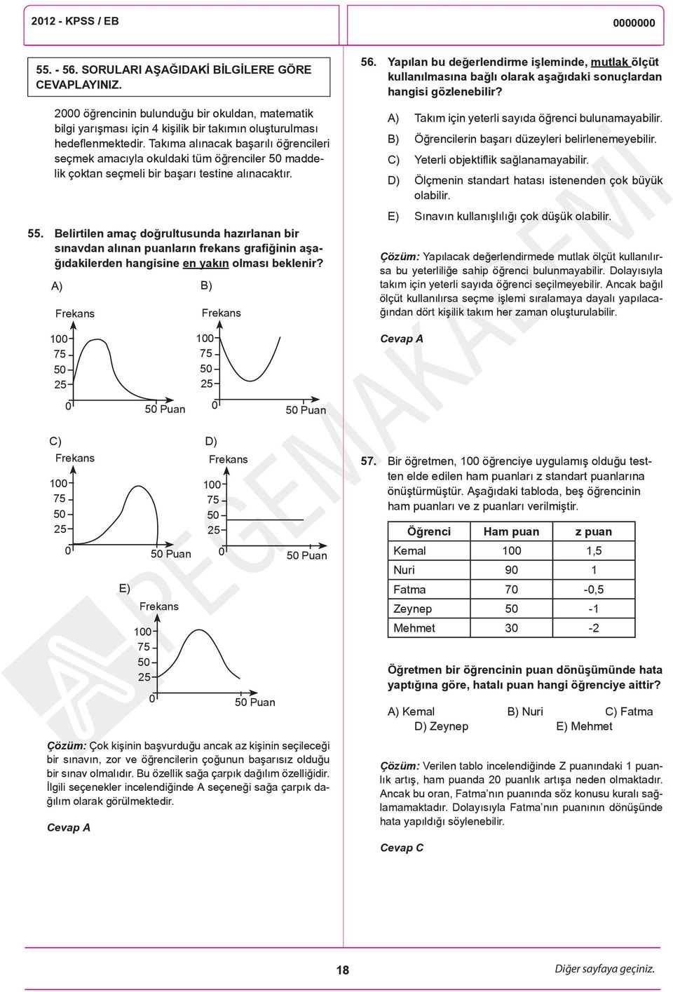 Belirtilen amaç doğrultusunda hazırlanan bir sınavdan alınan puanların frekans grafiğinin aşağıdakilerden hangisine en yakın olması beklenir? A) B) Frekans Frekans 56.