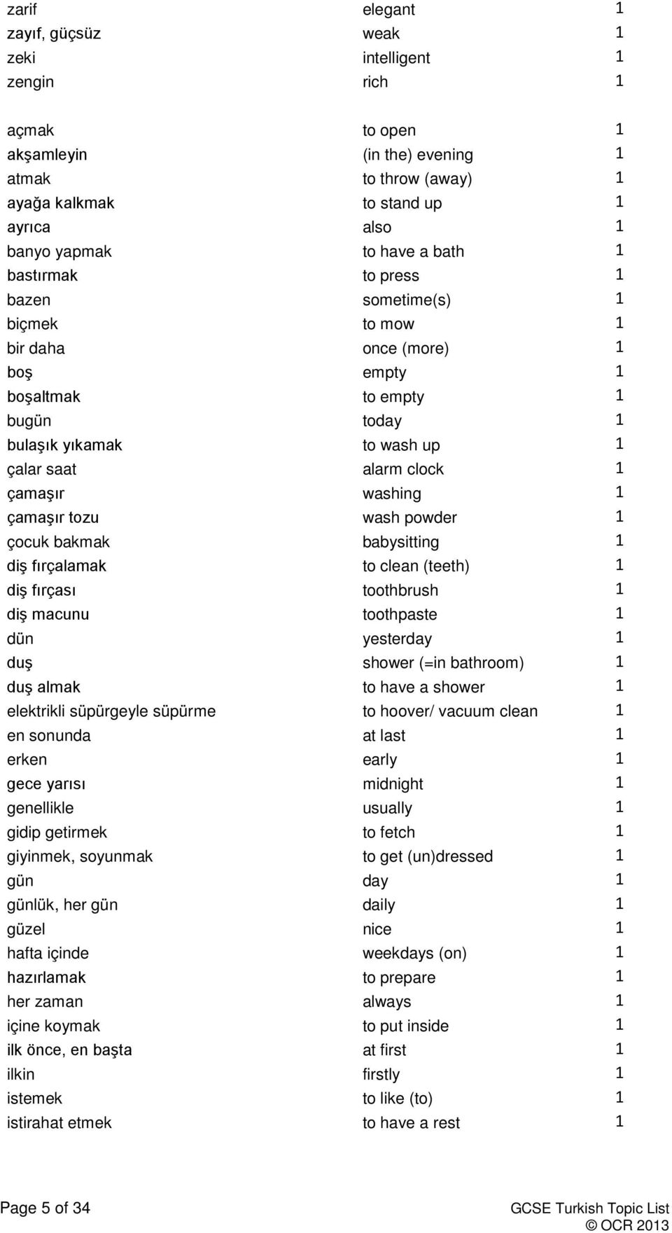 çamaşır washing 1 çamaşır tozu wash powder 1 çocuk bakmak babysitting 1 diş fırçalamak to clean (teeth) 1 diş fırçası toothbrush 1 diş macunu toothpaste 1 dün yesterday 1 duş shower (=in bathroom) 1