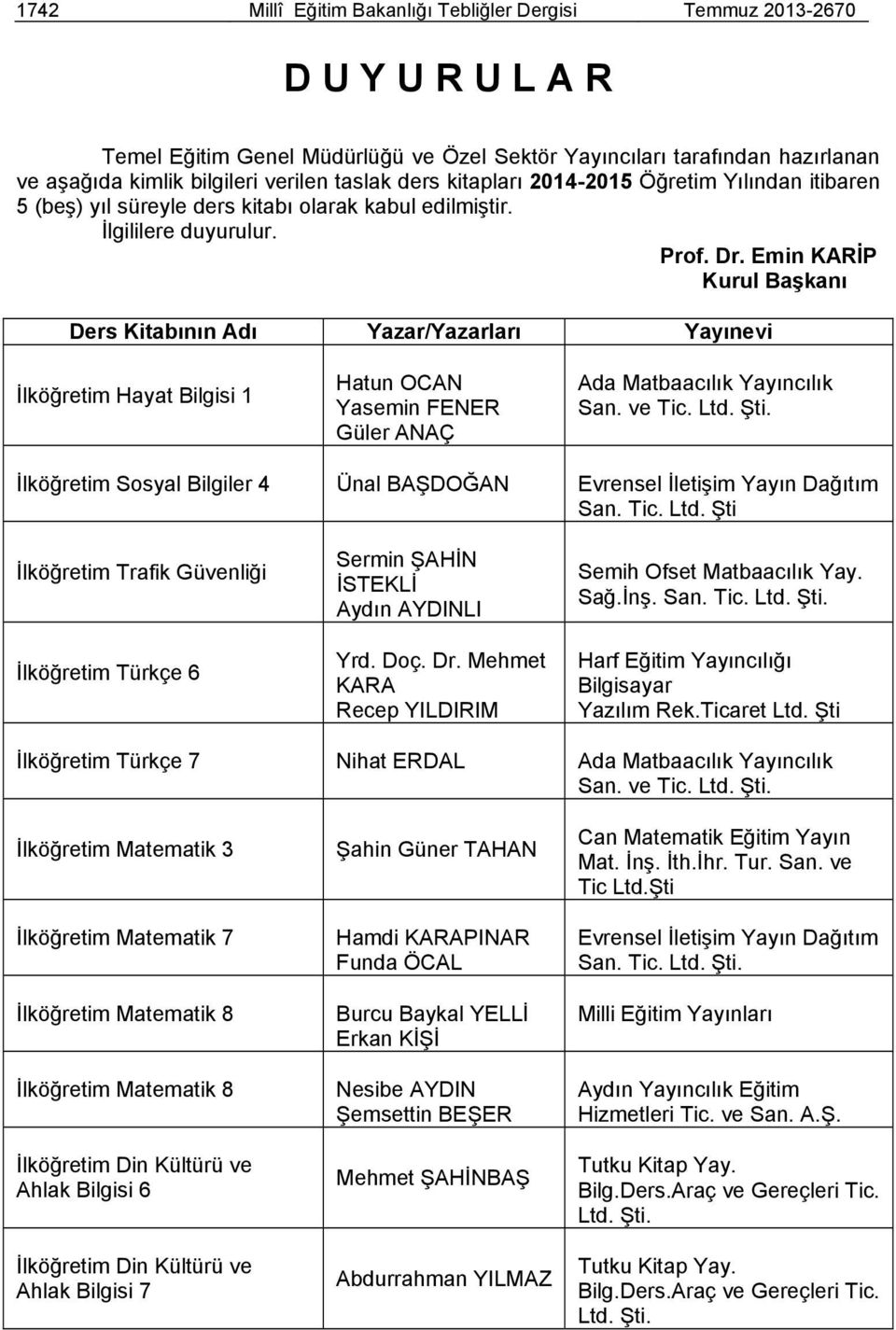 Ders Kitabının Adı Yazar/Yazarları Yayınevi İlköğretim Hayat Bilgisi 1 Hatun OCAN Yasemin FENER Güler ANAÇ Ada Matbaacılık Yayıncılık San. ve Tic. Ltd. Şti.