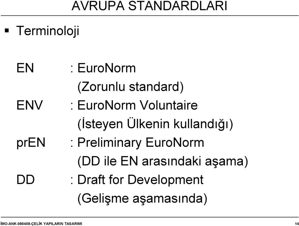 Preliminary EuroNorm (DD ile EN arasındaki aşama) : Draft for