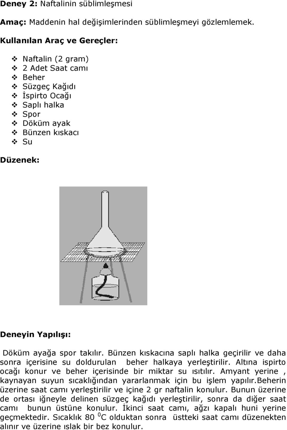 Bünzen kıskacına saplı halka geçirilir ve daha sonra içerisine su doldurulan beher halkaya yerleştirilir. Altına ispirto ocağı konur ve beher içerisinde bir miktar su ısıtılır.